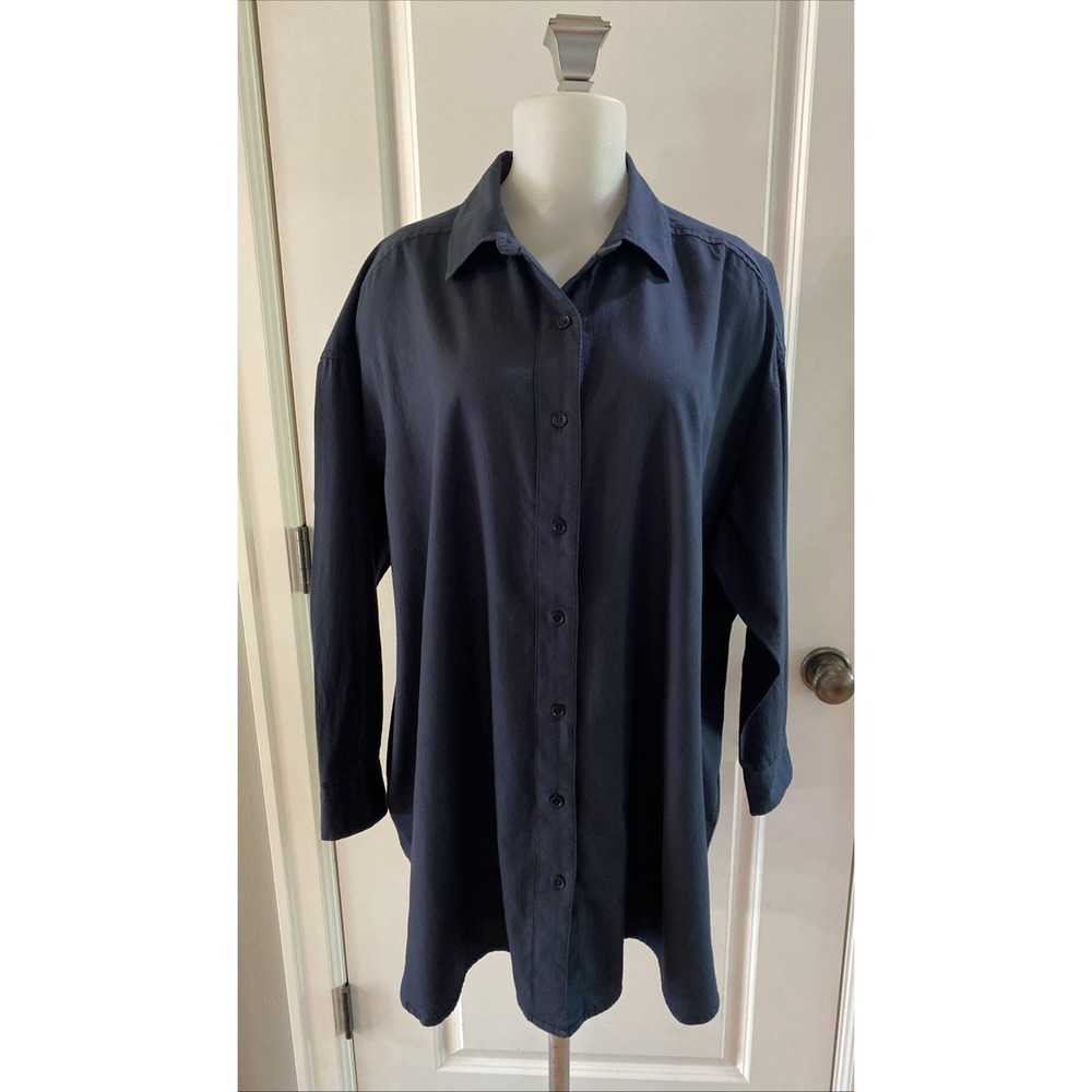 Pact Button Down Shirt Womens M/L Navy Blue Organic Cotton Long Sleeve Casual